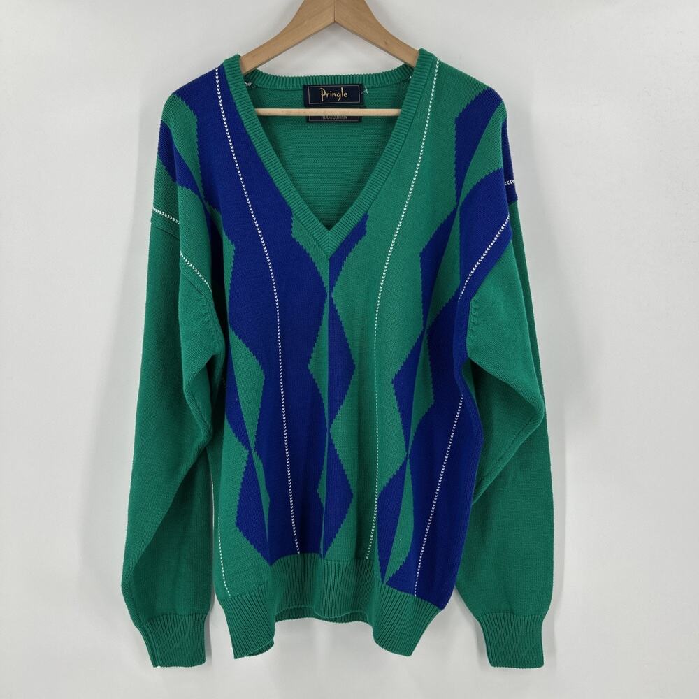 Vintage Pringle Sweater Mens Size L Argyle Green Blue Cotton Hong Kong 1980s
